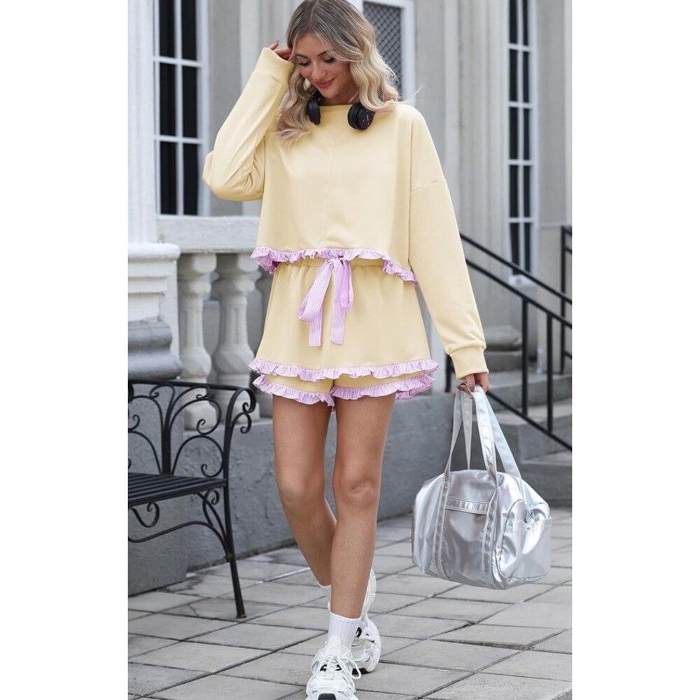 Women'S 2 Piece Lounge Sets Short Sleeve Cropped Top Drawstring Shorts Ruffle L
